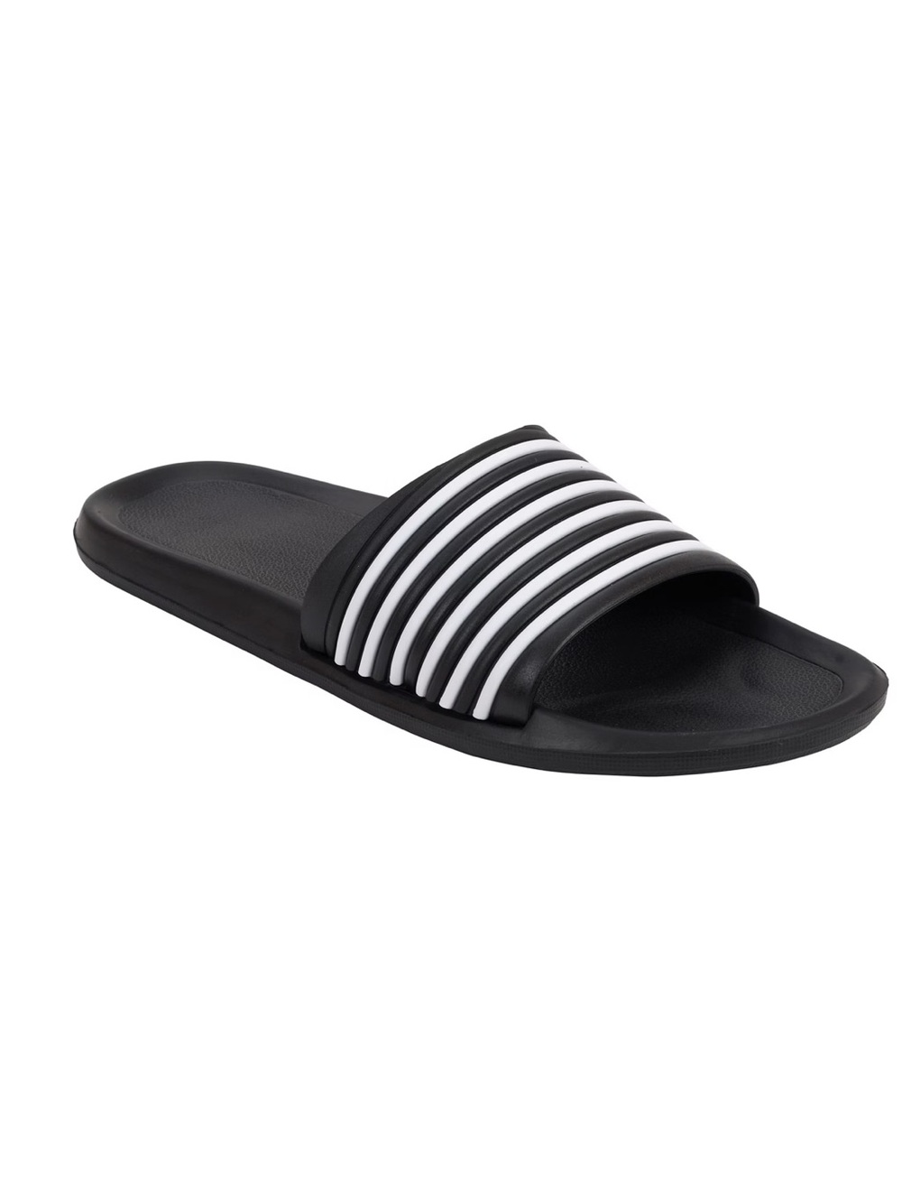 Black and White Multi-Stripe Comfort Slides Slip On Pool & Gym Sandals - Picture 2 of 7